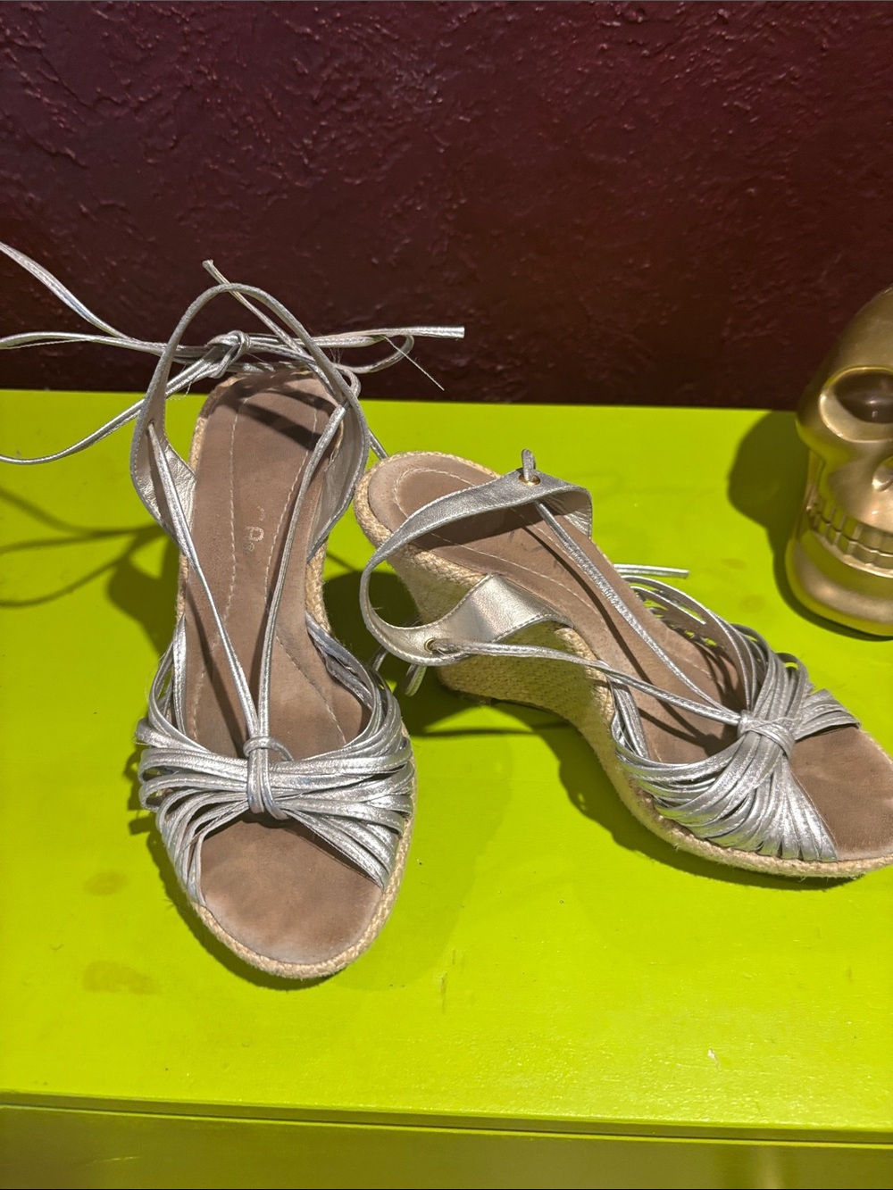 Unisa Metallic Silver Espadrille Wedge Sandals with Ankle Wrap
